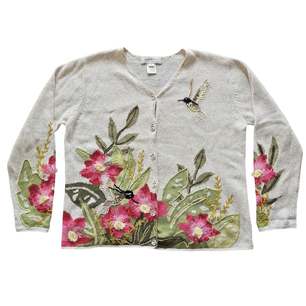 Susan Bristol XL Linen Cotton Hand Embroidered Floral Hummingbird Cardigan